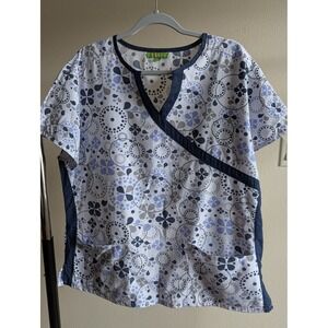 Green‎ Town Floral Geometric Mock Wrap Scrub Top Navy Blue White XL 936/1079NV